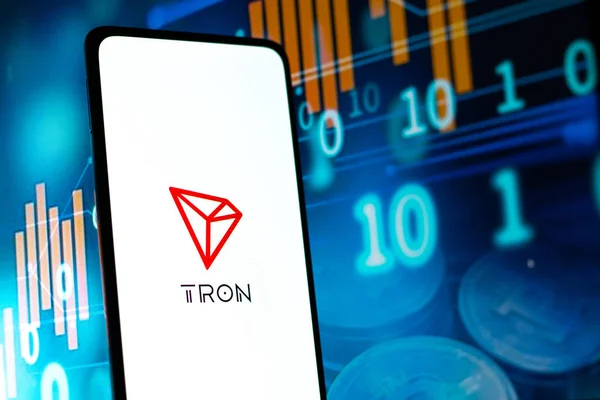 TRON (TRX) logo on a digital blockchain background