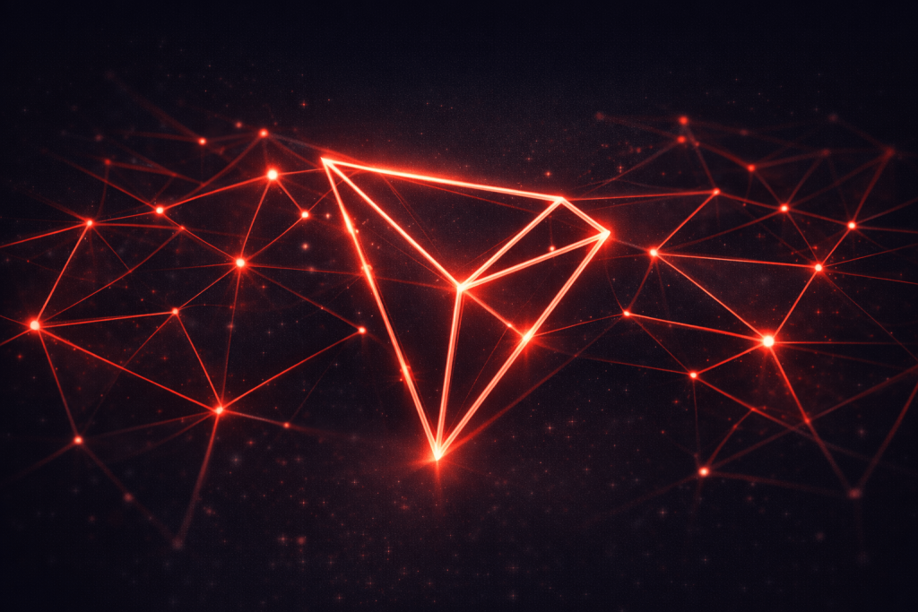 abstract geometric illustration inspired by TRON logo with glowing triangular blockchain network and digital connections