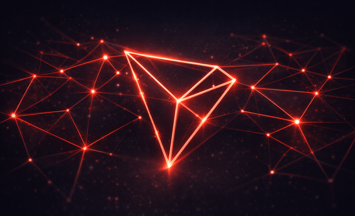 abstract geometric illustration inspired by TRON logo with glowing triangular blockchain network and digital connections