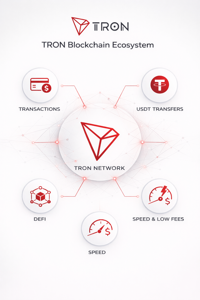 infographic of TRON blockchain ecosystem showing transactions USDT transfers DeFi speed and low fees on a clean white background