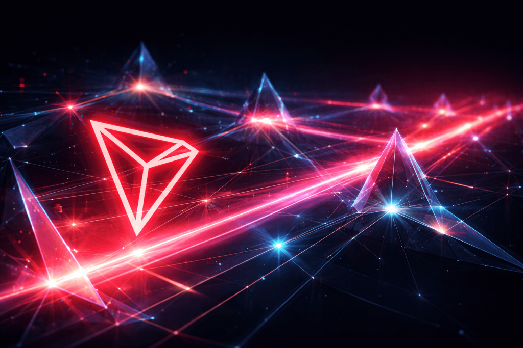 futuristic TRON blockchain illustration with glowing triangular network and fast digital data flow