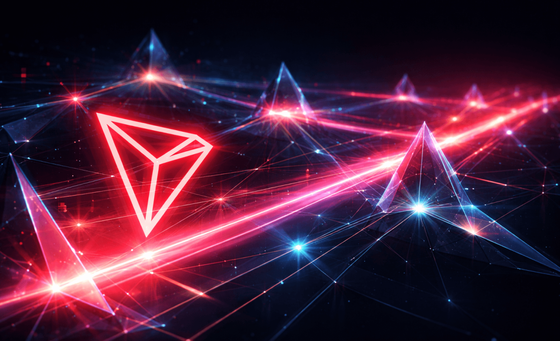 futuristic TRON blockchain illustration with glowing triangular network and fast digital data flow